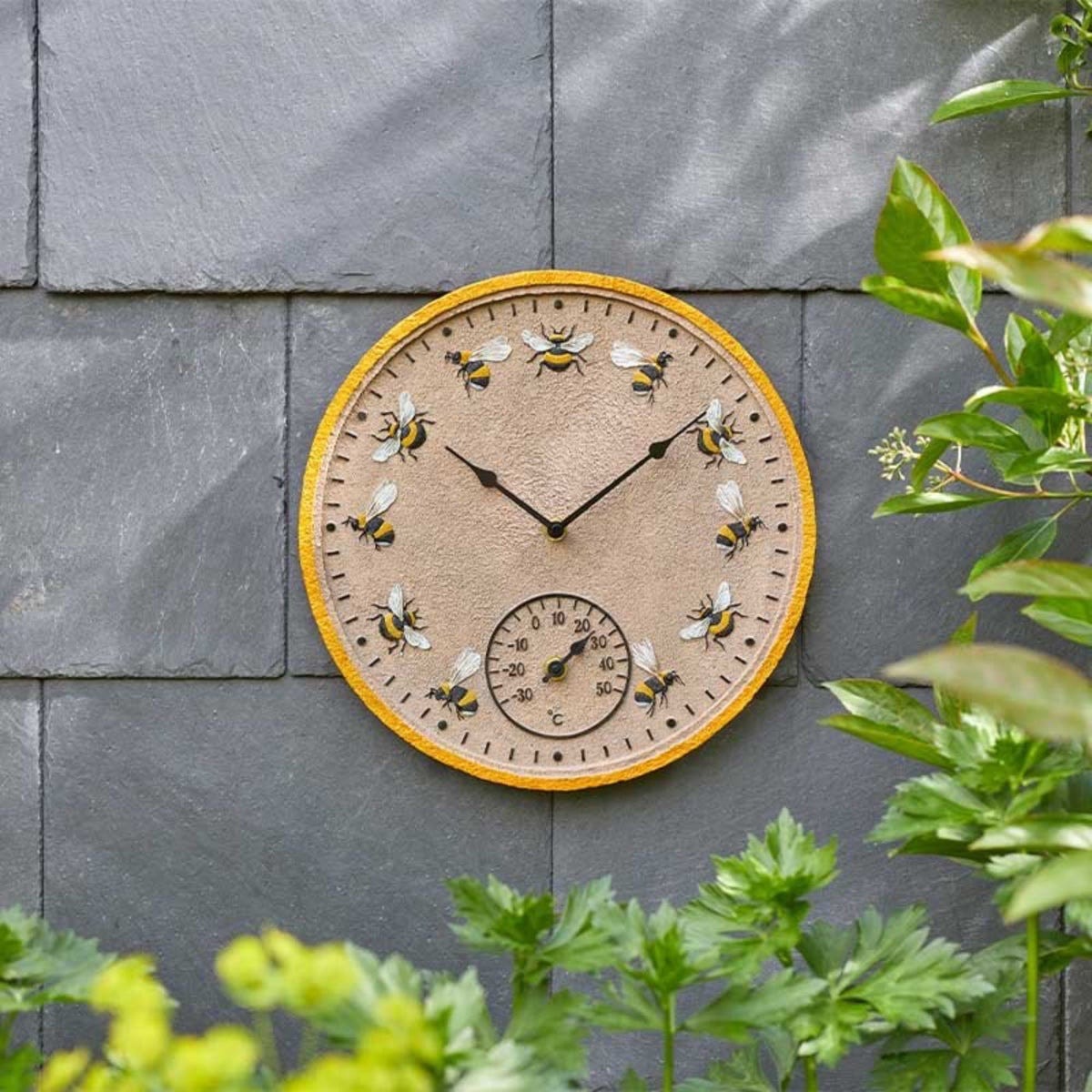 12in Beez Wall Clock & Thermometer | Indoor & Outdoor Garden Clock
