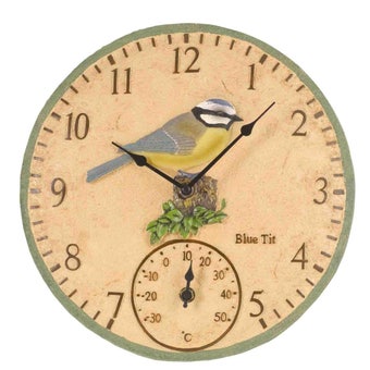 Blue Tit Wall Clock & Thermometer 12 Inch – Indoor & Outdoor Garden Clock