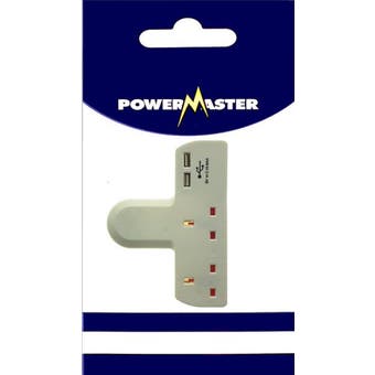 Powermaster T-Shaped 2 Way Adaptor With 2 USB Ports