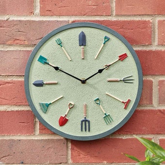 12in Garden Tools Sage Wall Clock | Indoor & Outdoor Decorative Garden Clock