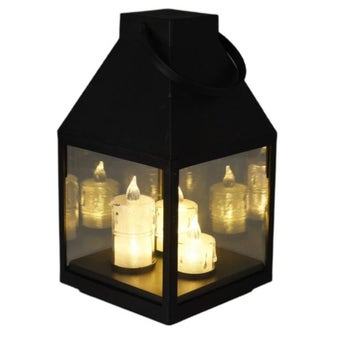 3 Tealight Warm White Candle Black Lantern Battery Operated with Timer