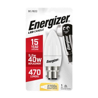 Energizer LED 4.9W (40W) 470 Lumen B22 Opal Candle Lamp Warm White Light Bulb