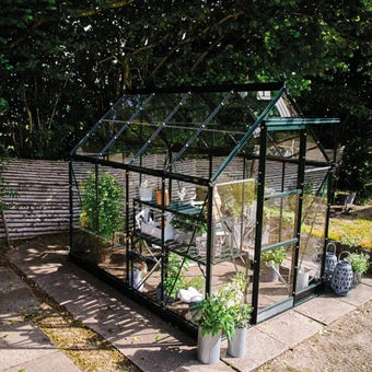 The Halls ICON Range of 6ft Freestanding Greenhouses-Green -6' x 8'-Standard Horticultural Glass - Comes with Base