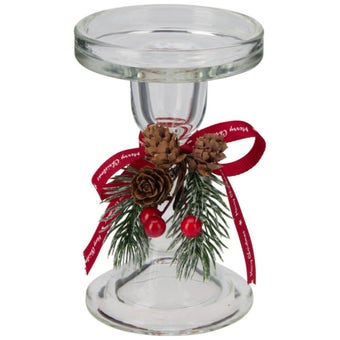 Glass Christmas Candle Holder with Red Ribbon – 8.5 x 13.5cm Festive Tealight Holder