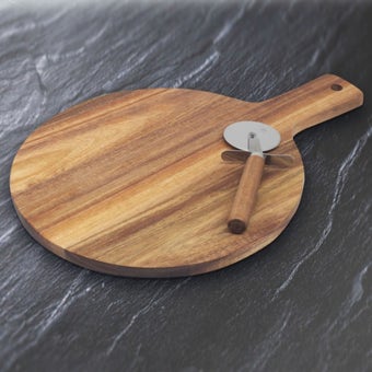 Acacia Pizza Board & Cutter Set – Stylish Wooden Serving Board with Stainless Steel Pizza Cutter