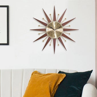 Acctim Wolcott 50cm Mid-Century Sunburst Wall Clock with Quartz Movement and Walnut Brass Spokes
