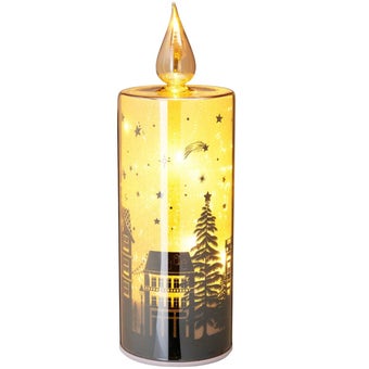 Amber Glass LED Candle – 27cm Decorative Light with Timer and Village Scene Design