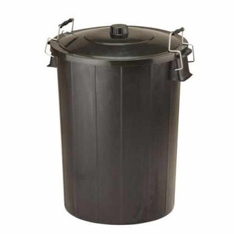 Black Refuse Bin with Lid and Metal Clip Handles - 80L
