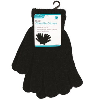 Ashley Chenille Gloves – Black Soft Warm Winter Gloves One Size