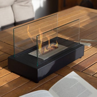 Black Rectangular Bioethanol Table Fireplace for Indoor and Outdoor Use – Real Flame, Smoke Free, Certified Safe