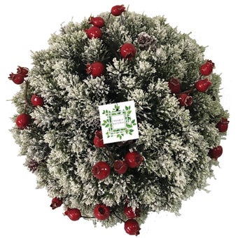 Classic Christmas Pine and Red Berry Snow Effect Topiary Ball 30 Lights
