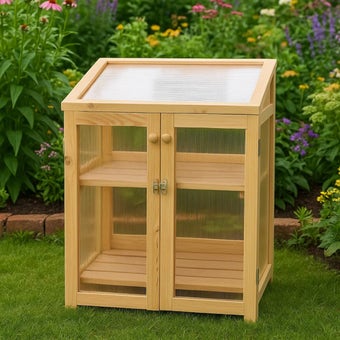 Compact Wooden Greenhouse with Polycarbonate Panels and Two Shelves for Gardens and Balconies
