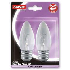 Eveready Incandescent Rough Service Clear 25W Screw Cap Fitting E27/ ES Candle Bulb - 2 Pack