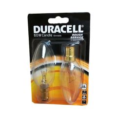 Duracell 60W Rough Service Clear Candle SBC / B15 Lightbulb - Pack Of 2