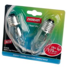 Eveready 28W Eco Halogen Clear Candle E27/ ES Light Bulb - 2 Pack