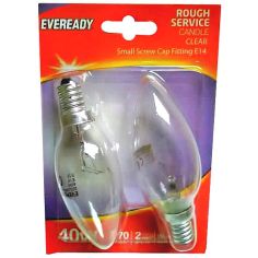 Eveready 40W Rough Service Clear Candle Small Screw Cap E14 / SES Light Bulb - 2 Pack