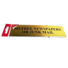 Self-Adhesive Brass No Free Newspapers Or Junk Mail Sign - 200 X 50mm
