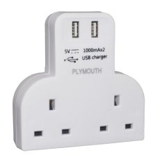 Plymouth 2-Gang T Shaped Adaptor With 2 X USB - 2.1A