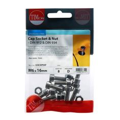 Socket Screws & Hex Nuts - Cap - Stainless Steel M6 x 16 -  Pack of 8