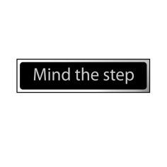 Polished Chrome Effect On Black - Mind The Step - Self-Adhesive Sign - 200 x 50mm