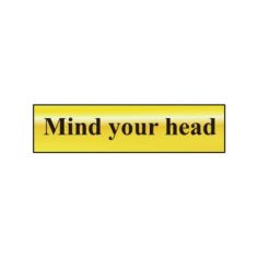 Self-Adhesive Polished Brass Effect Mind Your Head Sign - 200x50mm
