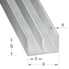 Raw Aluminium Double U-profile - 16mm x 10mm x 6mm x 1.3mm x 2m 