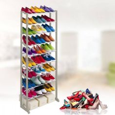 10 Row Shoe Storage Rack - White  (139 x 16.5 x 51 cm)