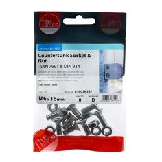 Socket Screws & Hex Nuts - Countersunk - Stainless Steel M6 x 16 (Pack of 8)