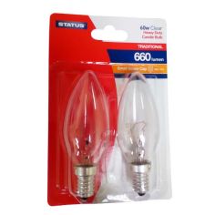 Status 60w Clear Candle SES / E14 Lightbulb - Pack of 2