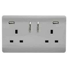 Trendi 13amp 2 Gang Switched Socket with 2x USB - Brushed Steel 