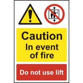 Caution In the Event of Fire Do Not Use Lift Self Adhesive PVC Sign