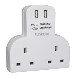 Plymouth 2-Gang T Shaped Adaptor With 2 X USB - 2.1A