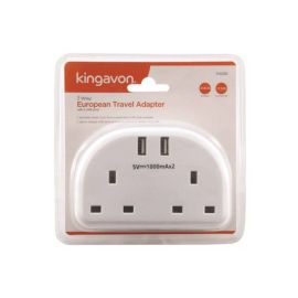 Kingavon 2 Way European Travel Adaptor - With 2 USB Ports