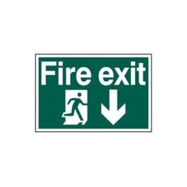 Green PVC Scripted Fire Exit Sign - Direction Pointing Down - 300mmx200mm