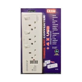 Lyvia Single To Three-Way Switched Plug Socket Adapter - With 4 USB