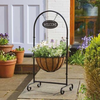 Classic Welcome Hanging Basket Planter with Stand & Coco Liner 12"