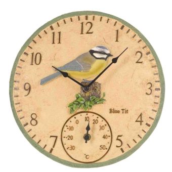 Blue Tit Wall Clock & Thermometer 12 Inch – Indoor & Outdoor Garden Clock