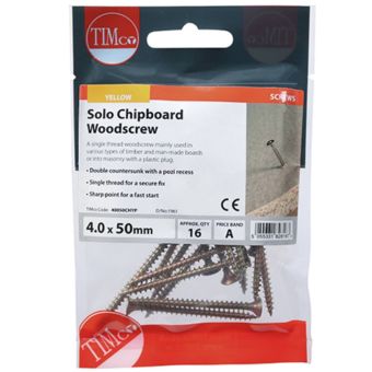 TIMco Solo Chipboard Woodscrews 4.0 x 50mm PZ2 Yellow Zinc I Pack 16