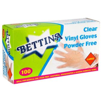 Bettina Clear Vinyl Gloves Powder Free Large - Pack of 100 I Disposable Gloves for Food Prep Cleaning and General Use