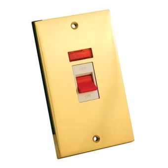 Brass Switch 45Amp 2G Double Size Tall with Neon Victorian White Inserts
