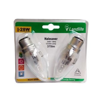 Landlite 28w Eco Halogen Clear Candle B22 Lightbulb - Pack of 2