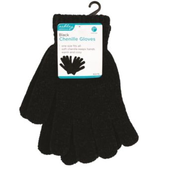 Ashley Chenille Gloves – Black Soft Warm Winter Gloves One Size