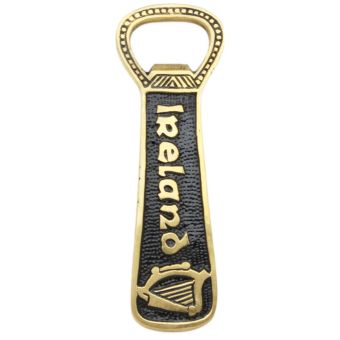Brass Ireland Bottle Opener I Black Inlay Premium Irish Bottle Opener with Harp Emblem and Black Textured Detail