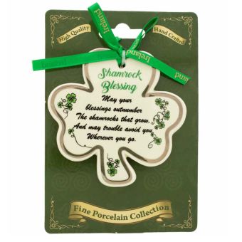 Ceramic Shamrock Blessing Hanging Ornament I Fine Porcelain Irish Shamrock Ornament with Traditional Blessing