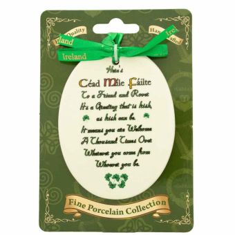 Ceramic Céad Míle Fáilte Hanging Ornament I Fine Porcelain Irish Welcome Blessing I 3.5"x 2.75"