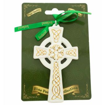 Ceramic Celtic Cross Hanging Ornament with Gold Detailing I 4.5" X 2.5"