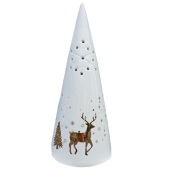 Christmas Ceramic LED Cone Decoration with Pine Trees and Deer - 22cm x 9cm - 1 Piece