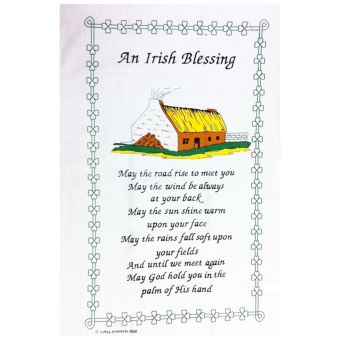 Cotton Irish Blessing Tea Towel – Cottage Design I Traditional Irish Blessing with Cottage Illustration and Shamrock Border