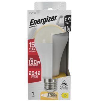 Energizer LED 18W (150W Equivalent) 2452 Lumens E27 Opal GLS Lamp – Warm White 2700K