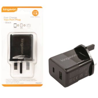 Kingavon Fast Charge Dual Port Plug – 20W USB-A & USB-C Wall Charger I Black